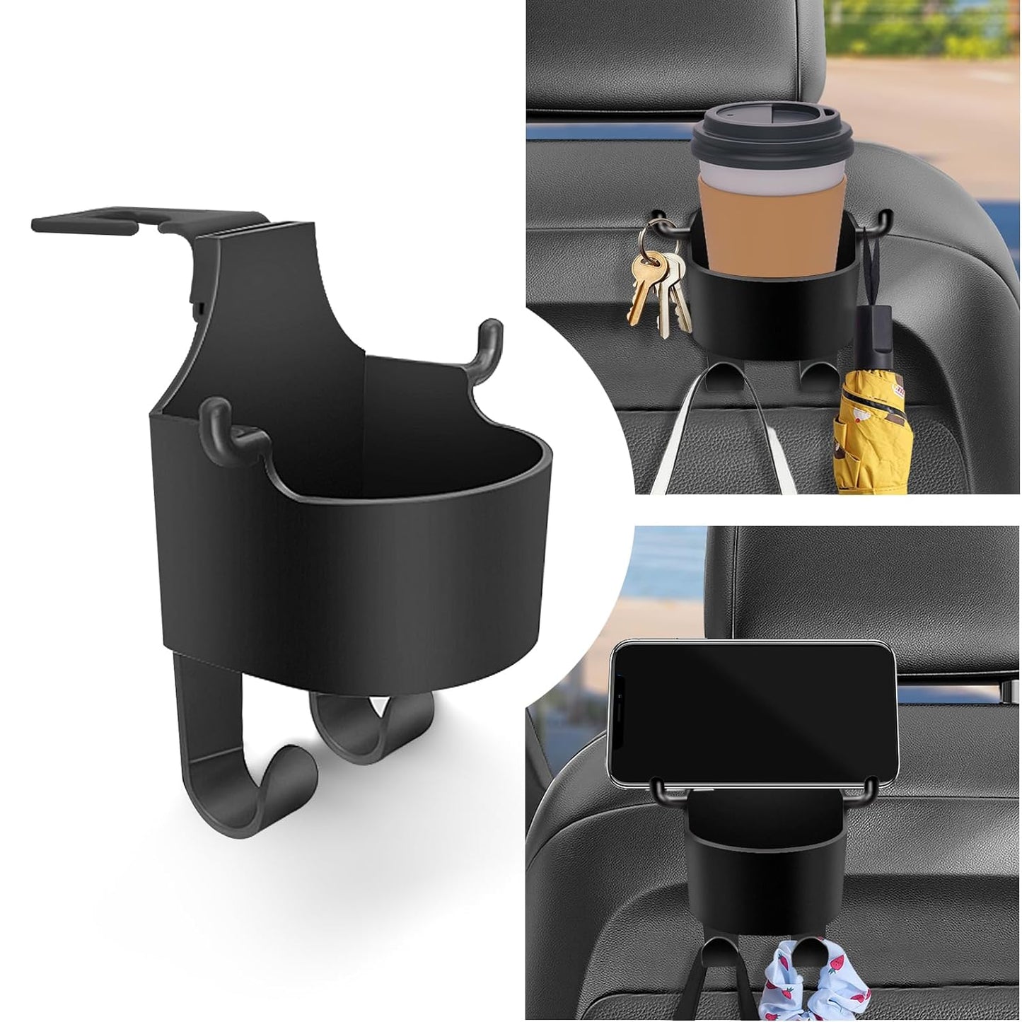 Car headrest organizer showing 3-in-1 cupholder, phone holder, and hooks attached to backseat headrest