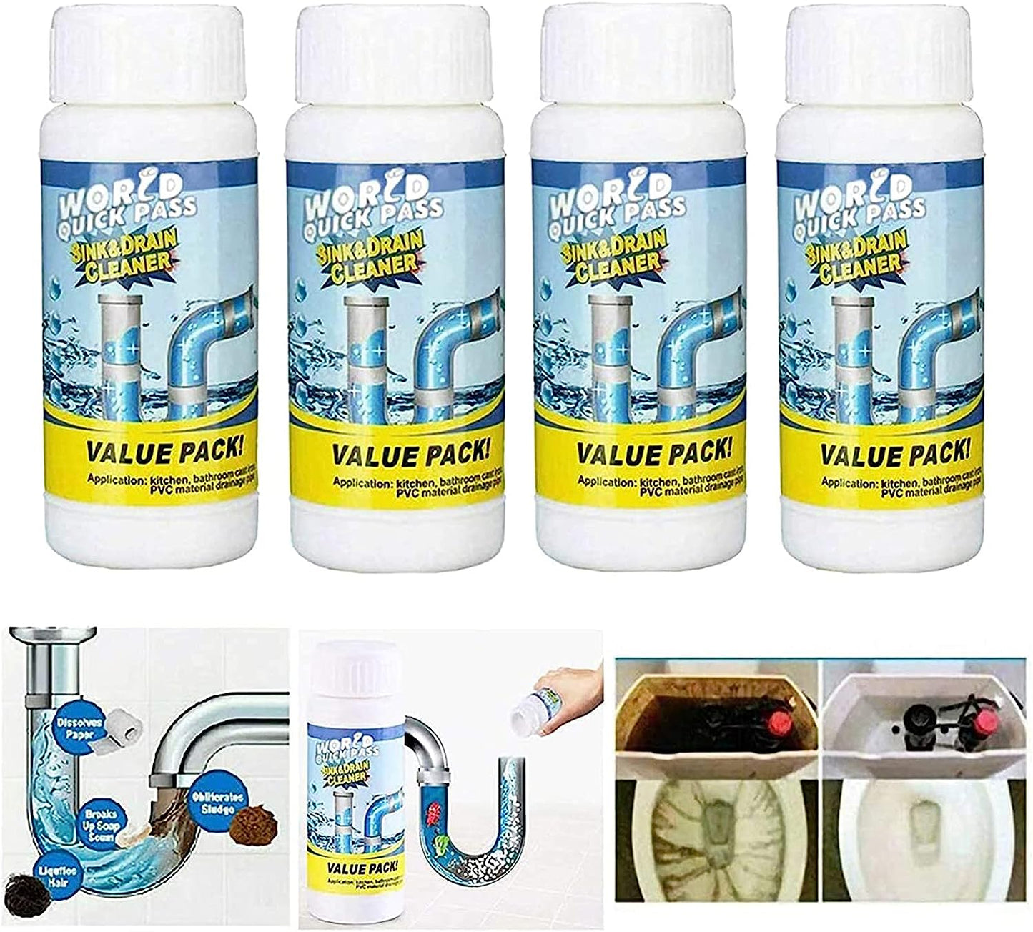 Drain cleaner powder dissolving tough blockages in a pipe, illustrating its powerful action.