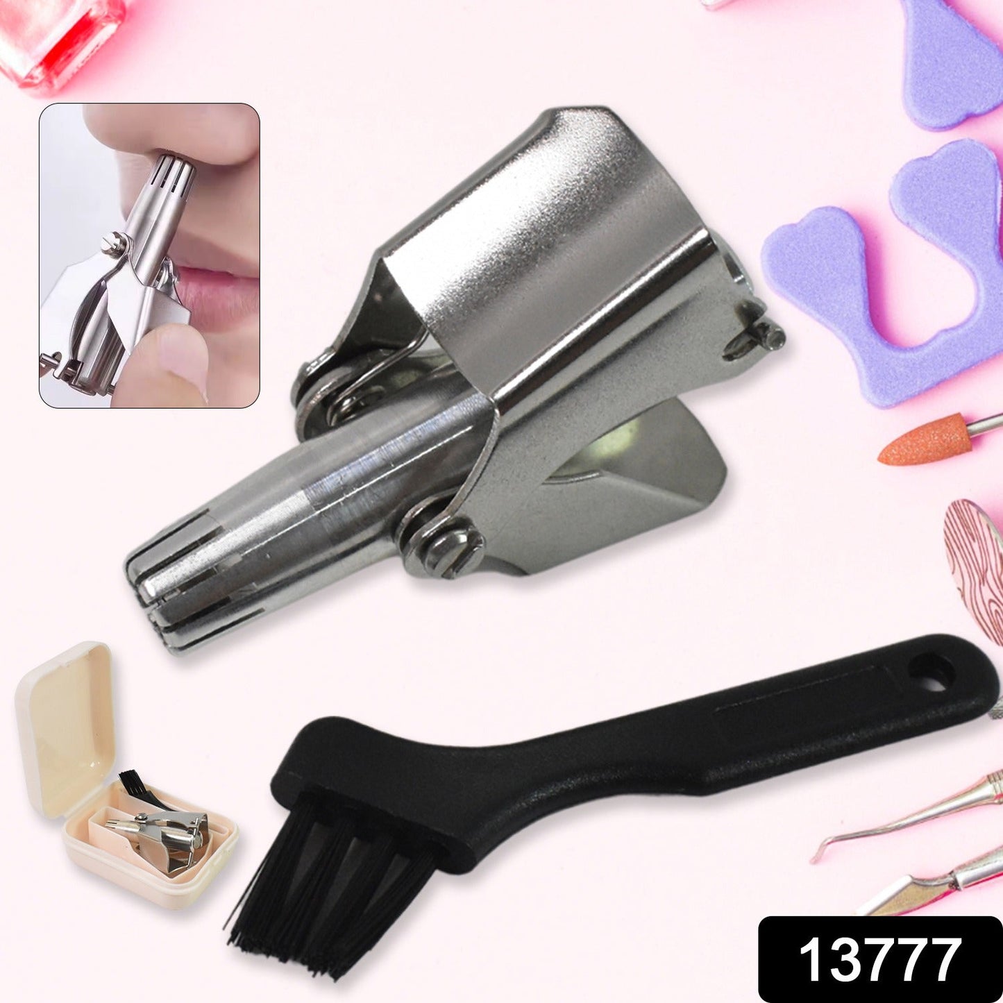 Close-up of the manual nose hair clipper, highlighting its precise cutting mechanism.