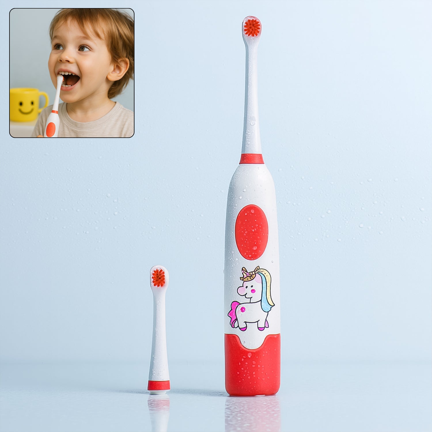 Close-up of the portable electric toothbrush with an extra brush head and batteries.