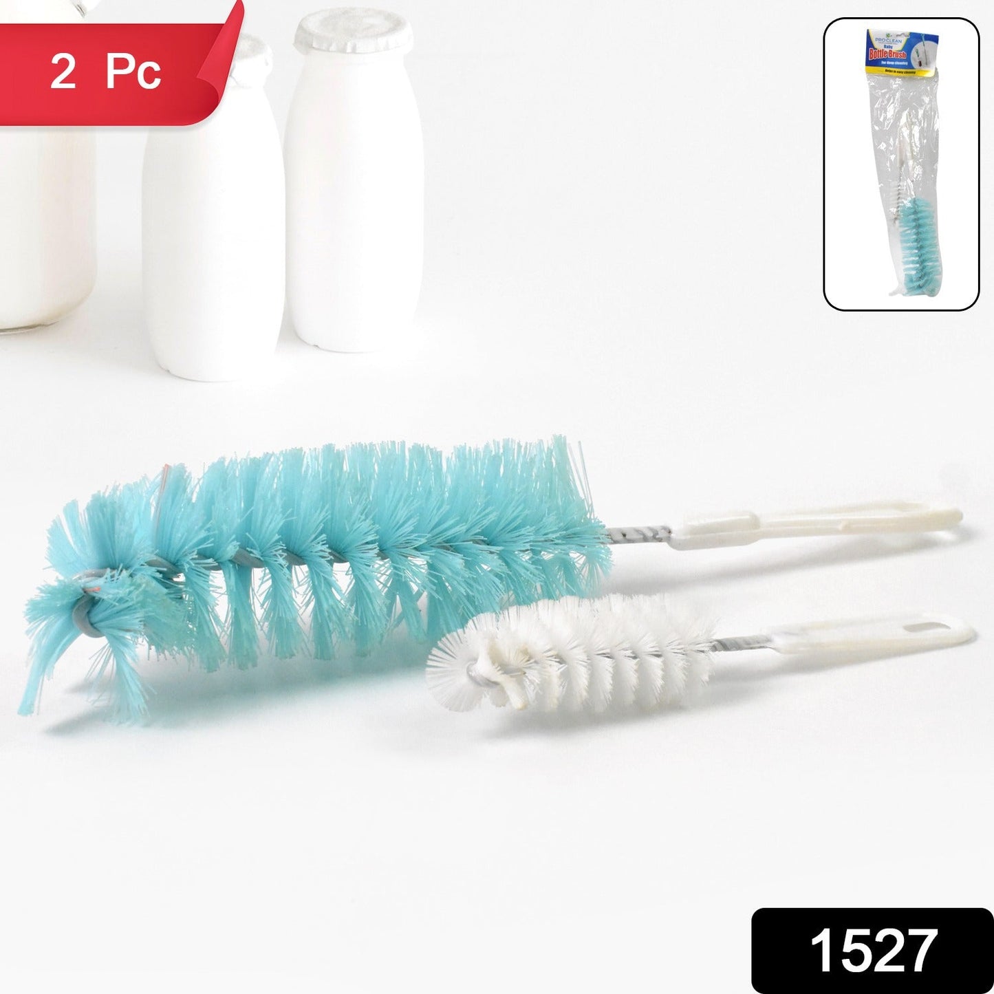 Versatile bottle cleaning brush in use for various kitchen bottles and containers.
