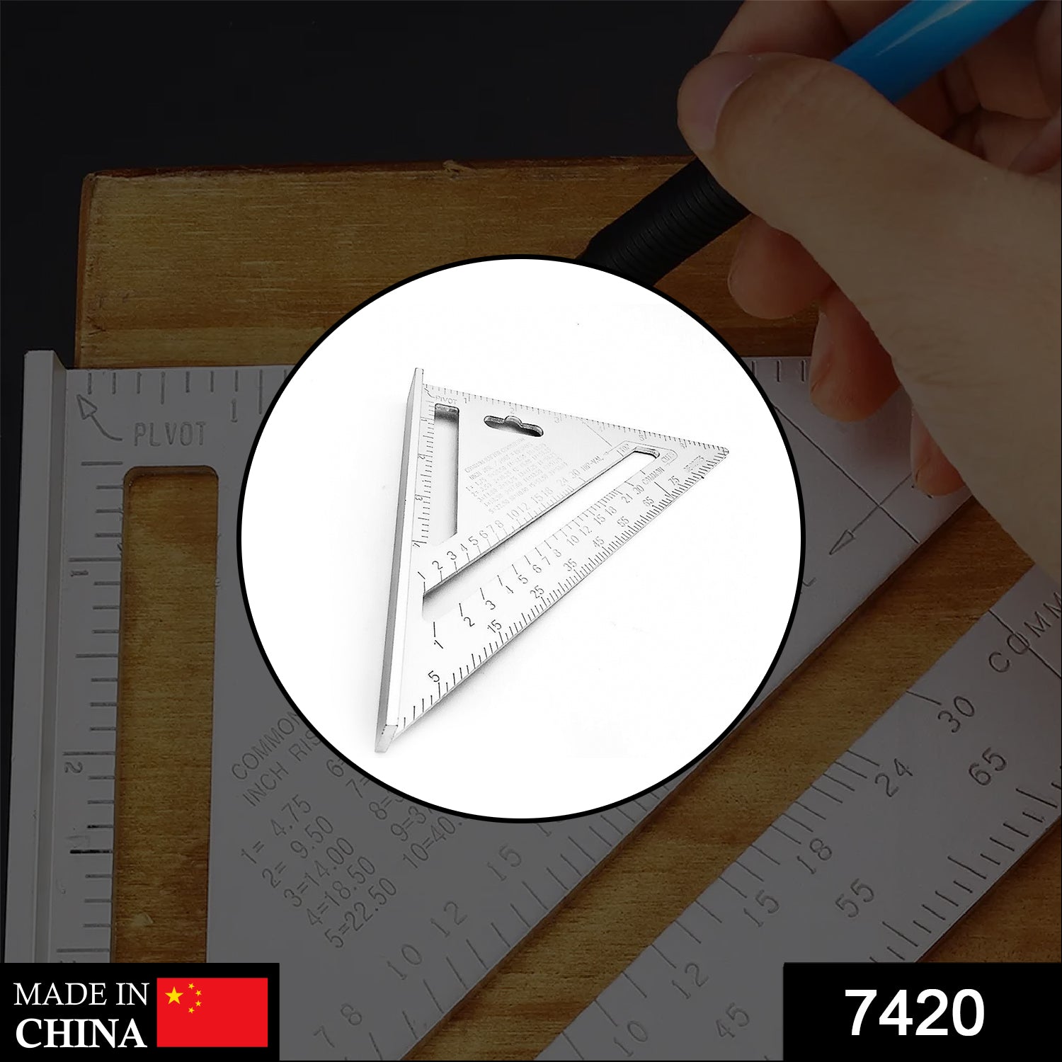 Close-up of the BoltForce Rafter Square's precise double-sided scales for accurate readings.