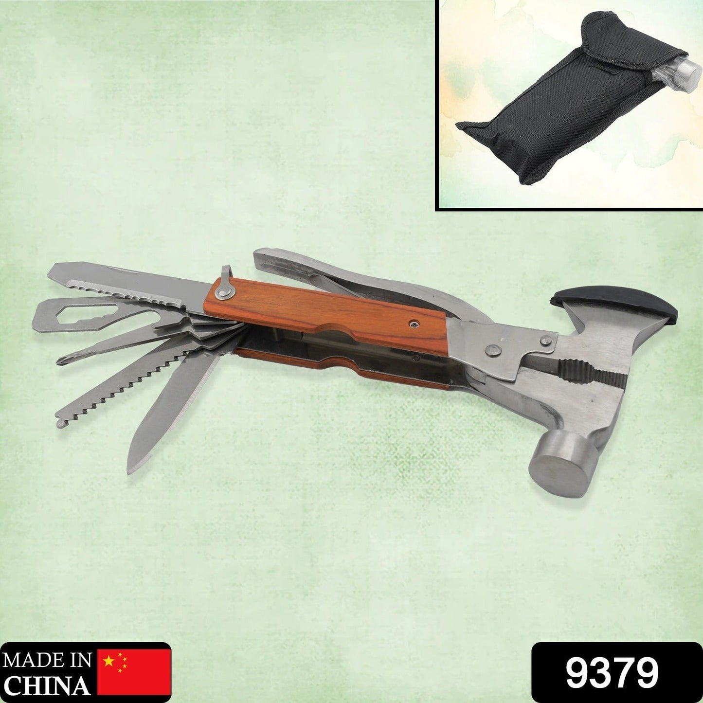 Close-up of the compact hammer multitool, showcasing its durable stainless steel body.