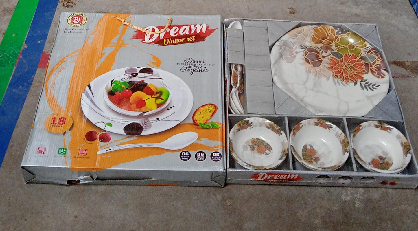 The 18-piece plastic dinner set packaged in a colorful box, ideal for gifting.
