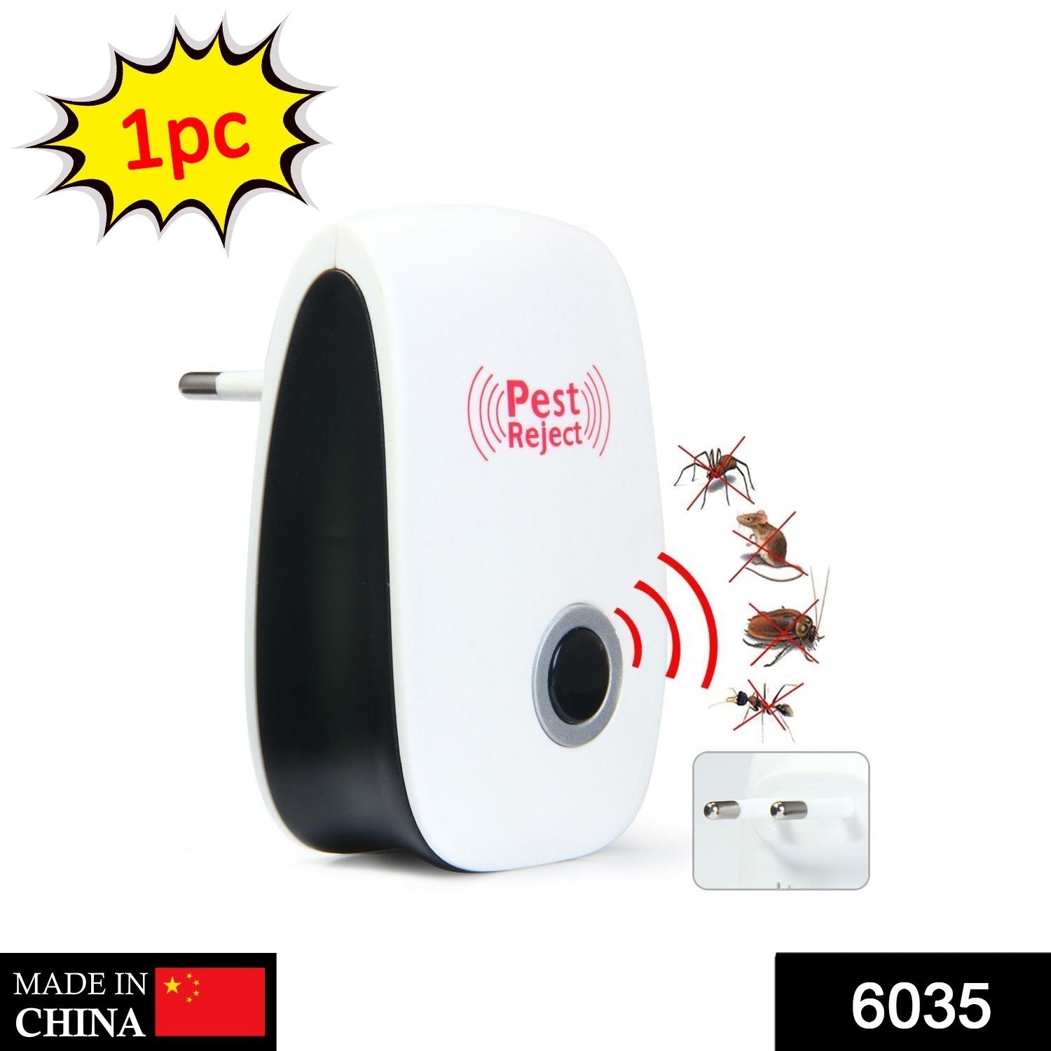 Electronic pest repeller plugged into an outlet, protecting a living room.