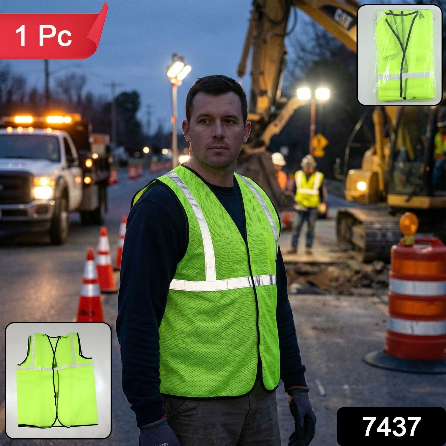 Unisex reflective safety jacket worn by a person in a construction setting.