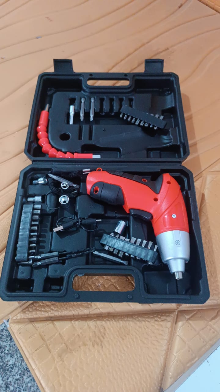 Complete portable electric screwdriver set with bits and accessories included