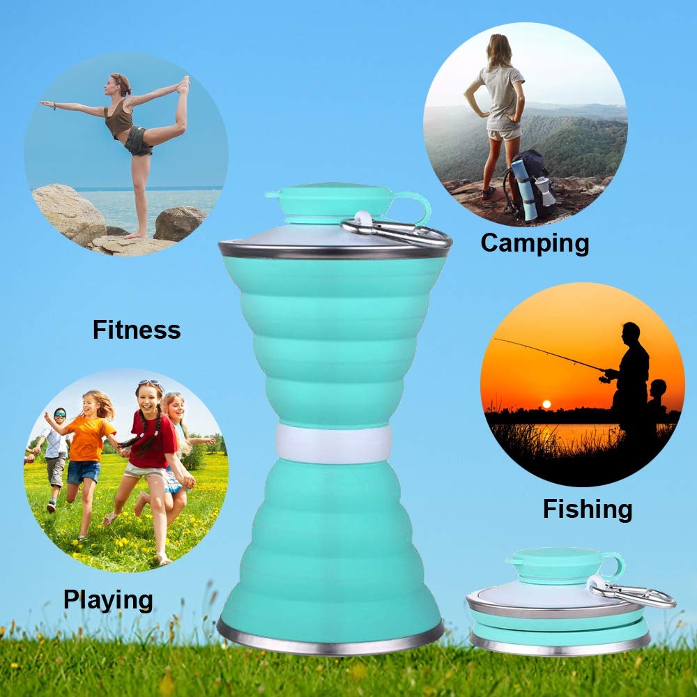 The folding refillable silicone water bottle demonstrated in its compact, space-saving size.