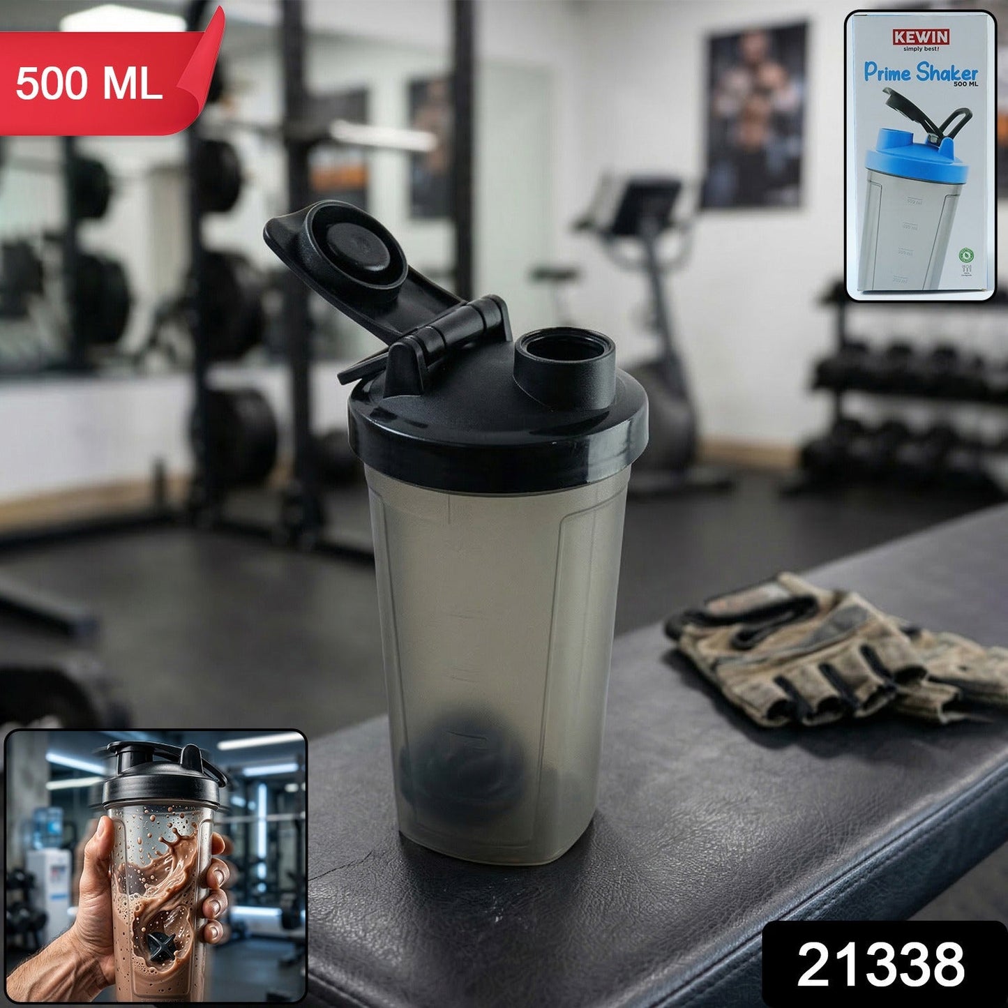 Leakproof gym shaker bottle made of plastic shown with secure flip-lock cap