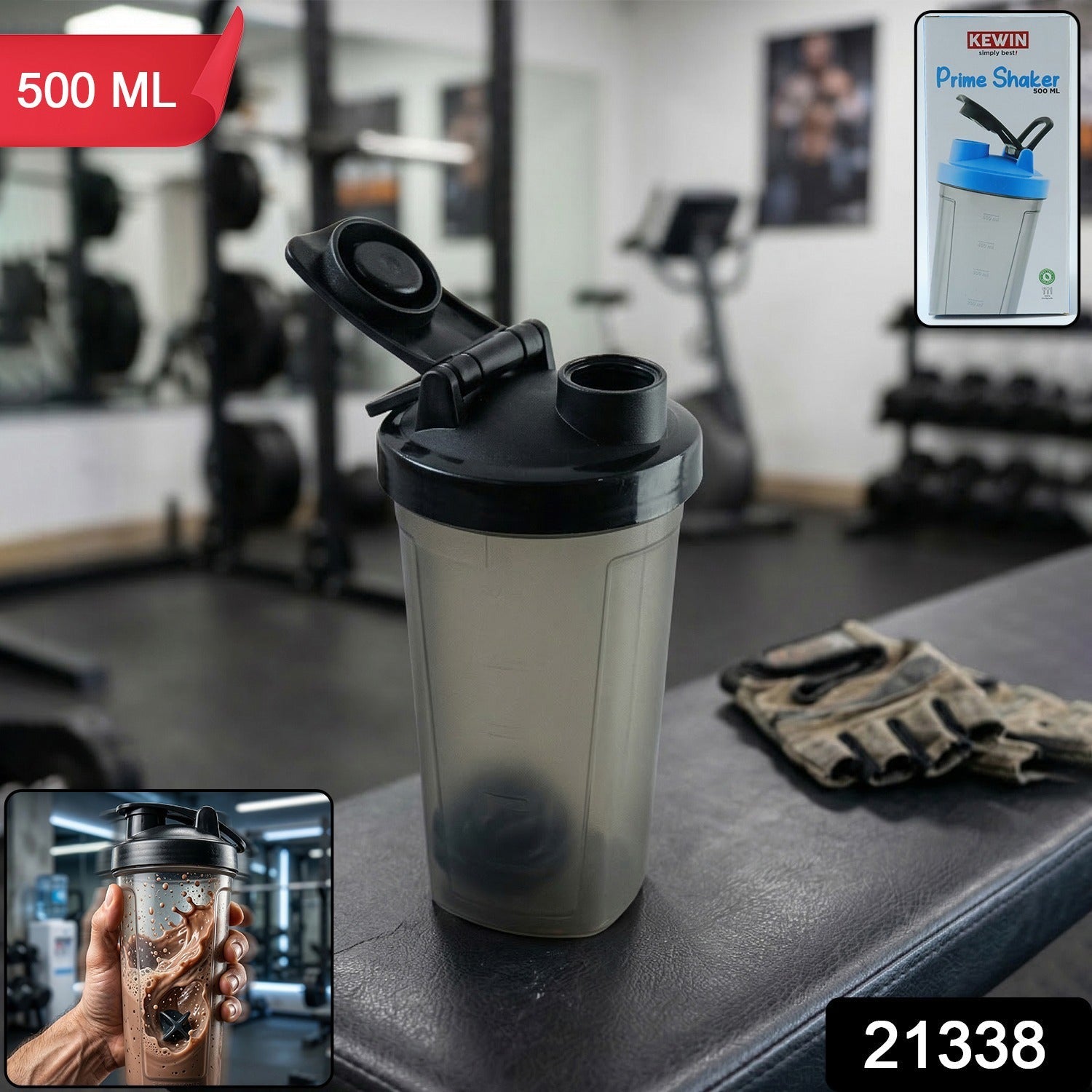 Leakproof gym shaker bottle made of plastic shown with secure flip-lock cap