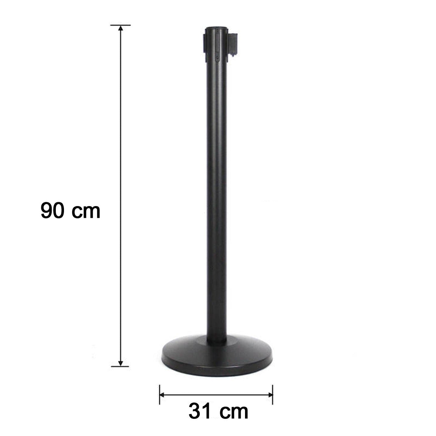 Side view of heavy duty crowd control pole with sturdy base and retractable belt