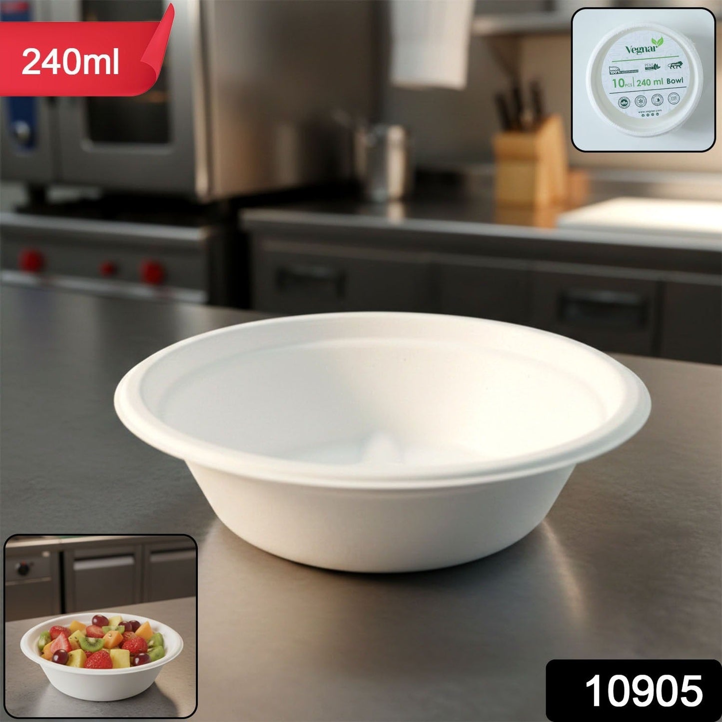 Stack of 10 compostable bagasse bowls 240ml showcasing space-saving design