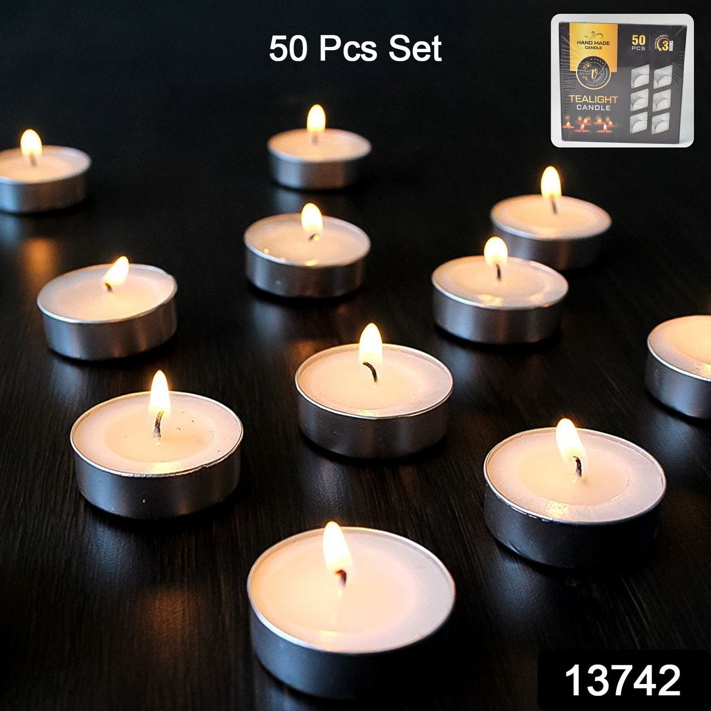 Close-up of multiple unscented tealight candles glowing warmly.