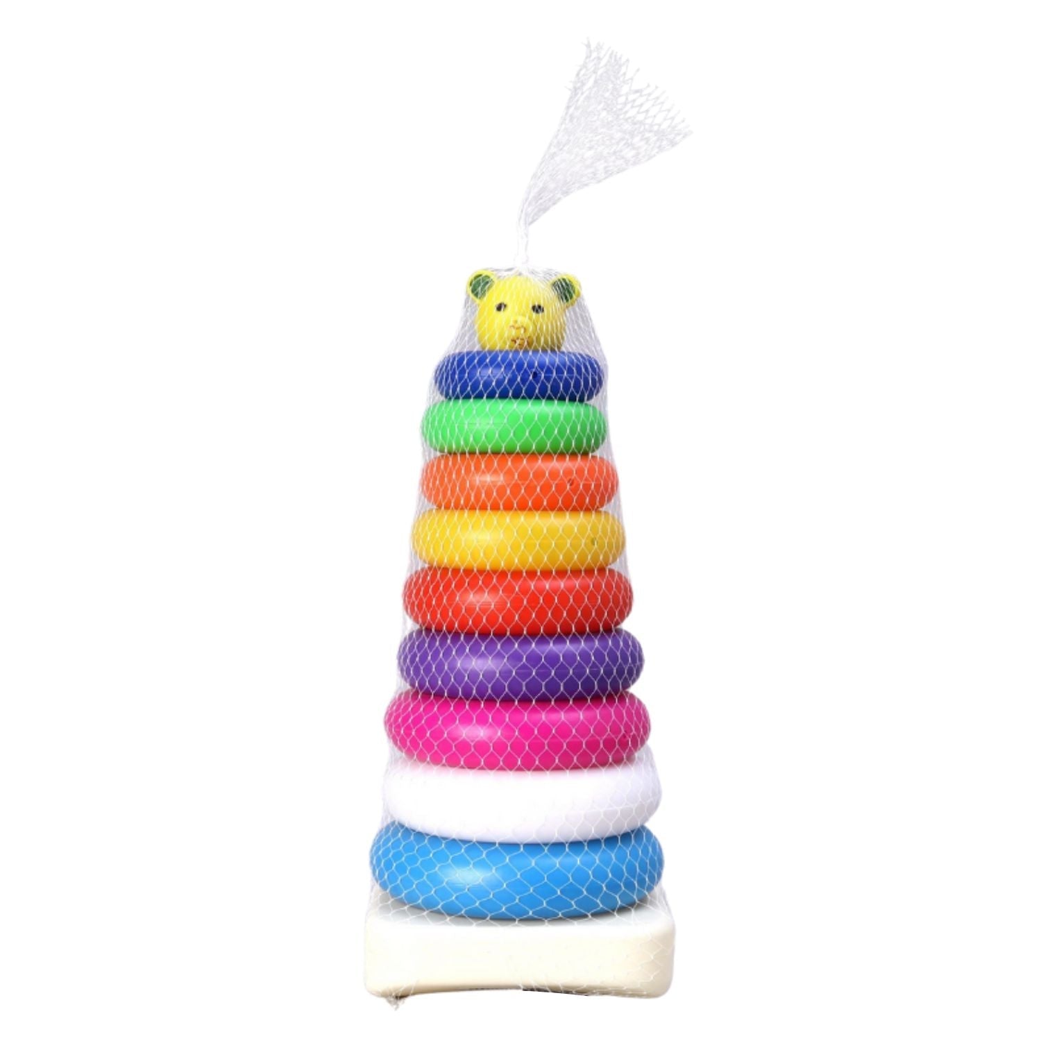 Vibrant stack of teddy bear rings helping kids learn shapes and sizes.