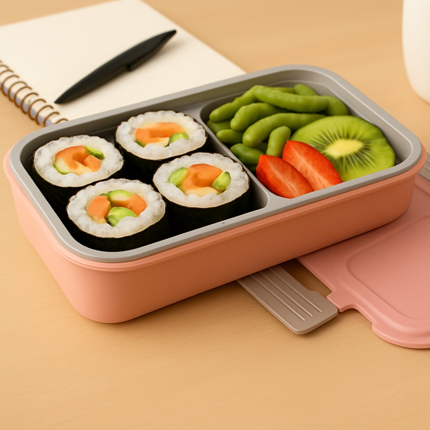 Open BPA-Free lunch box displaying two food compartments and cutlery slot