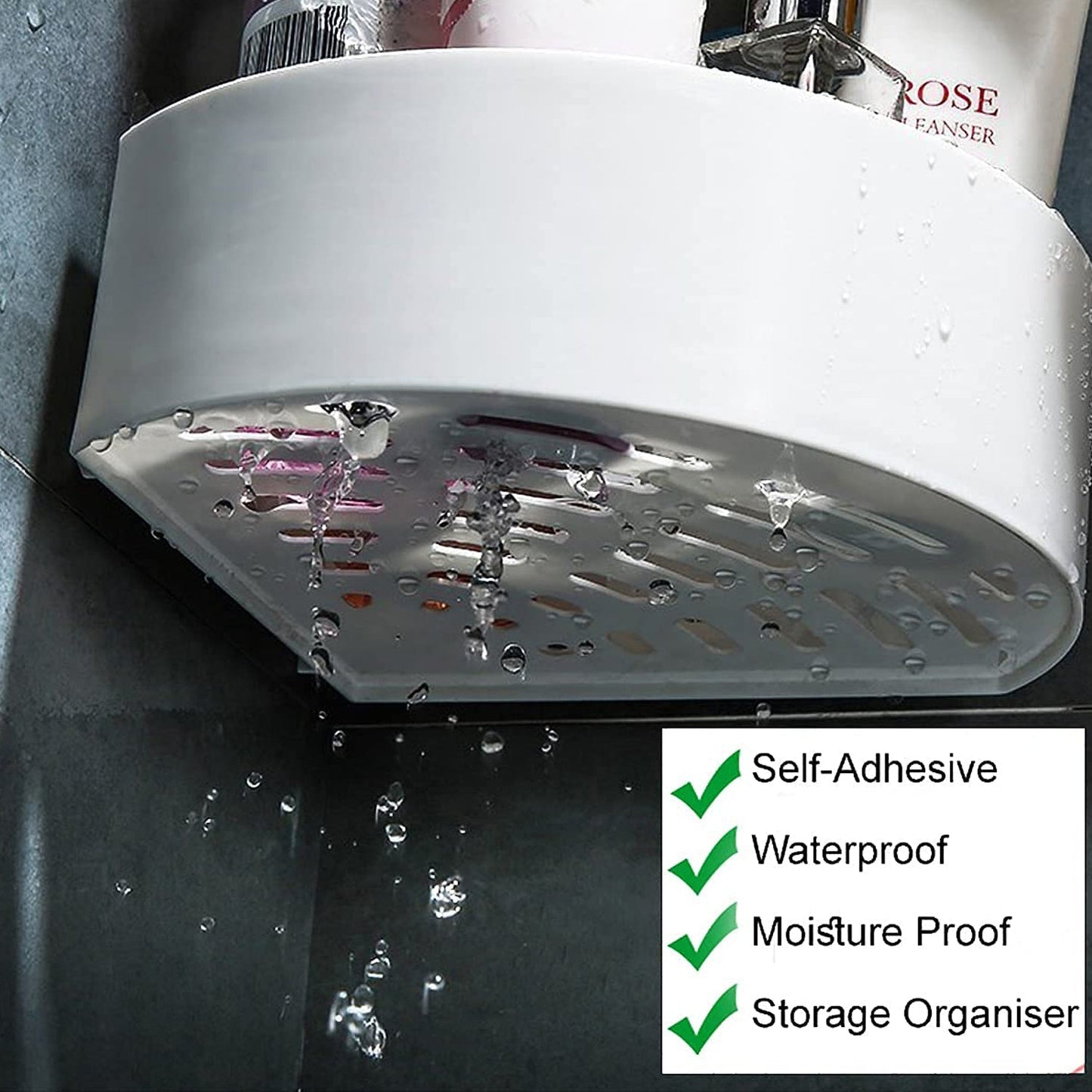 Self adhesive corner shelf holding various bathroom products.