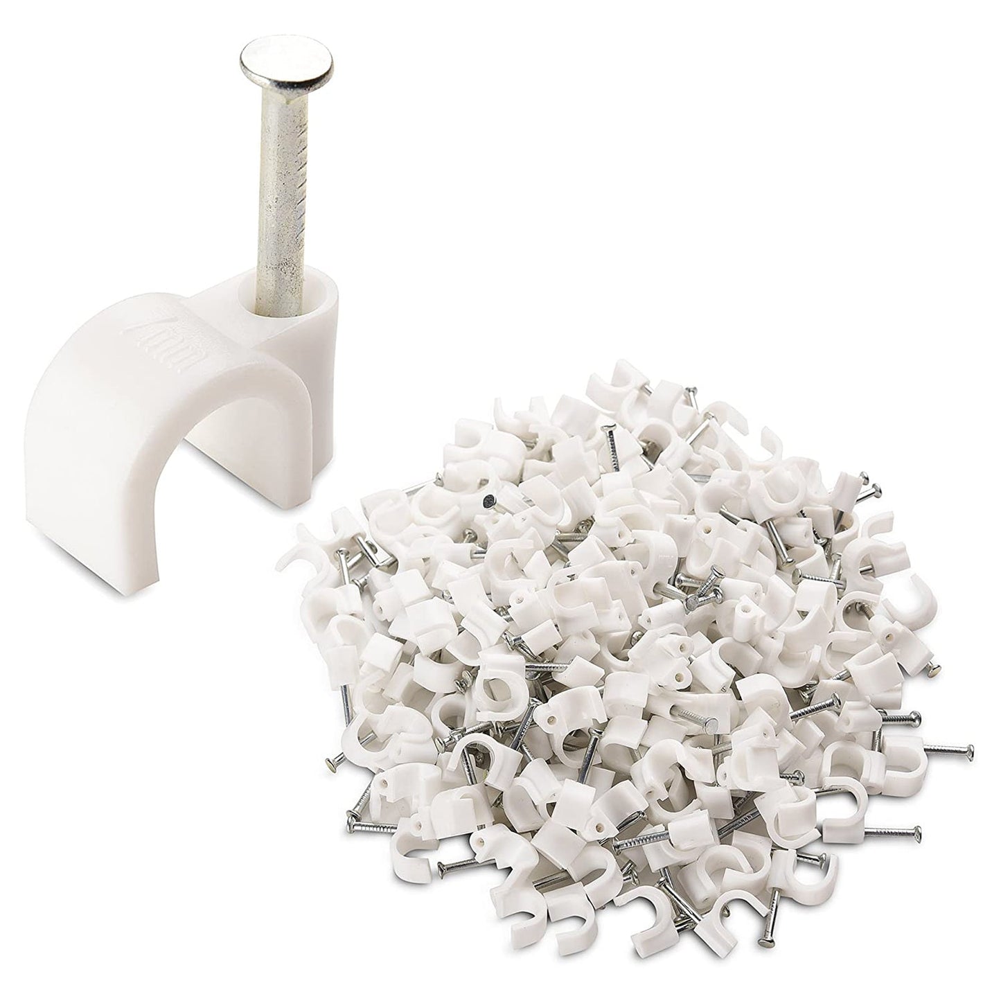 White 6MM cable clips mounted on a wall, securing brown electrical wires.