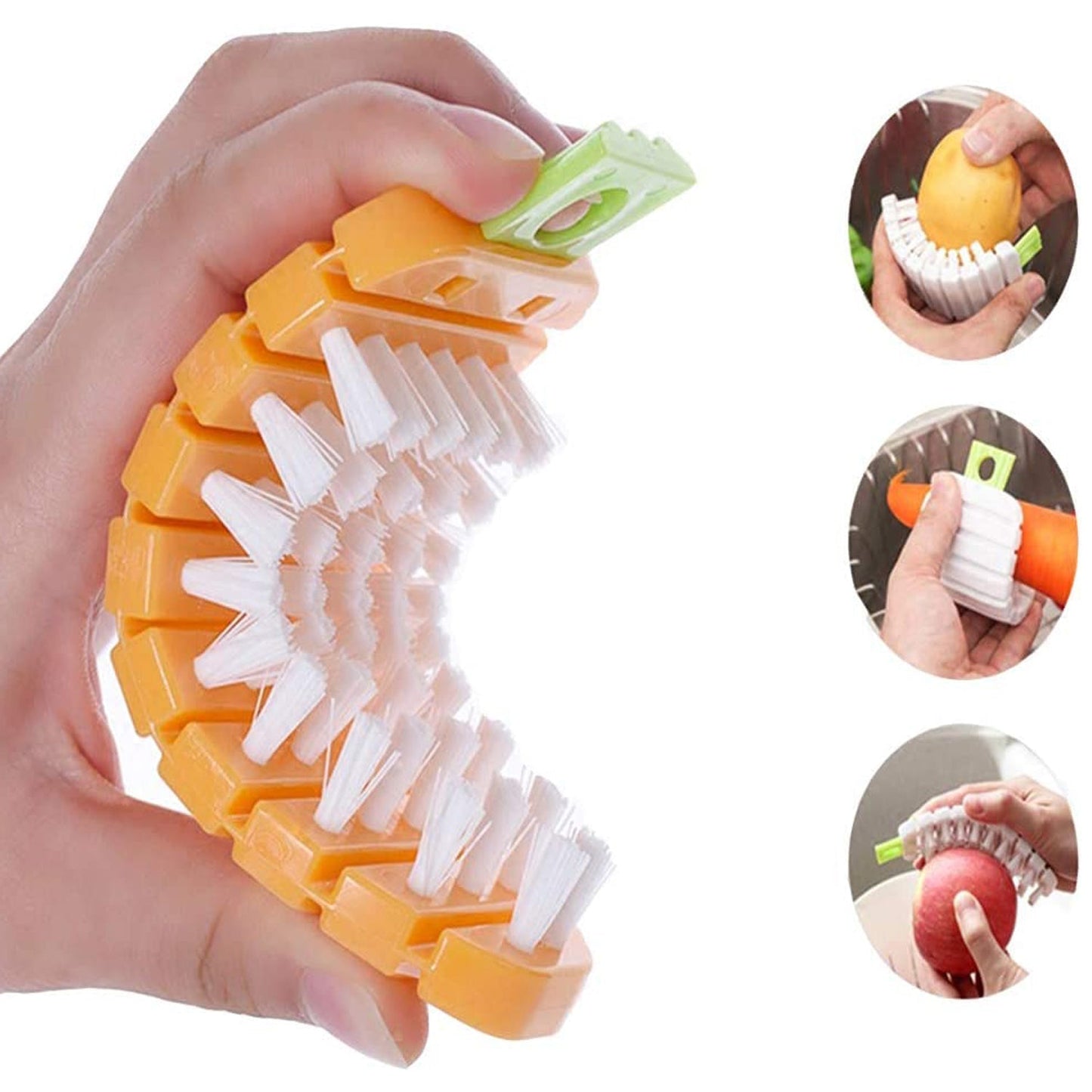 Carrot-shaped kitchen brush multi-purpose cleaning a sink faucet.