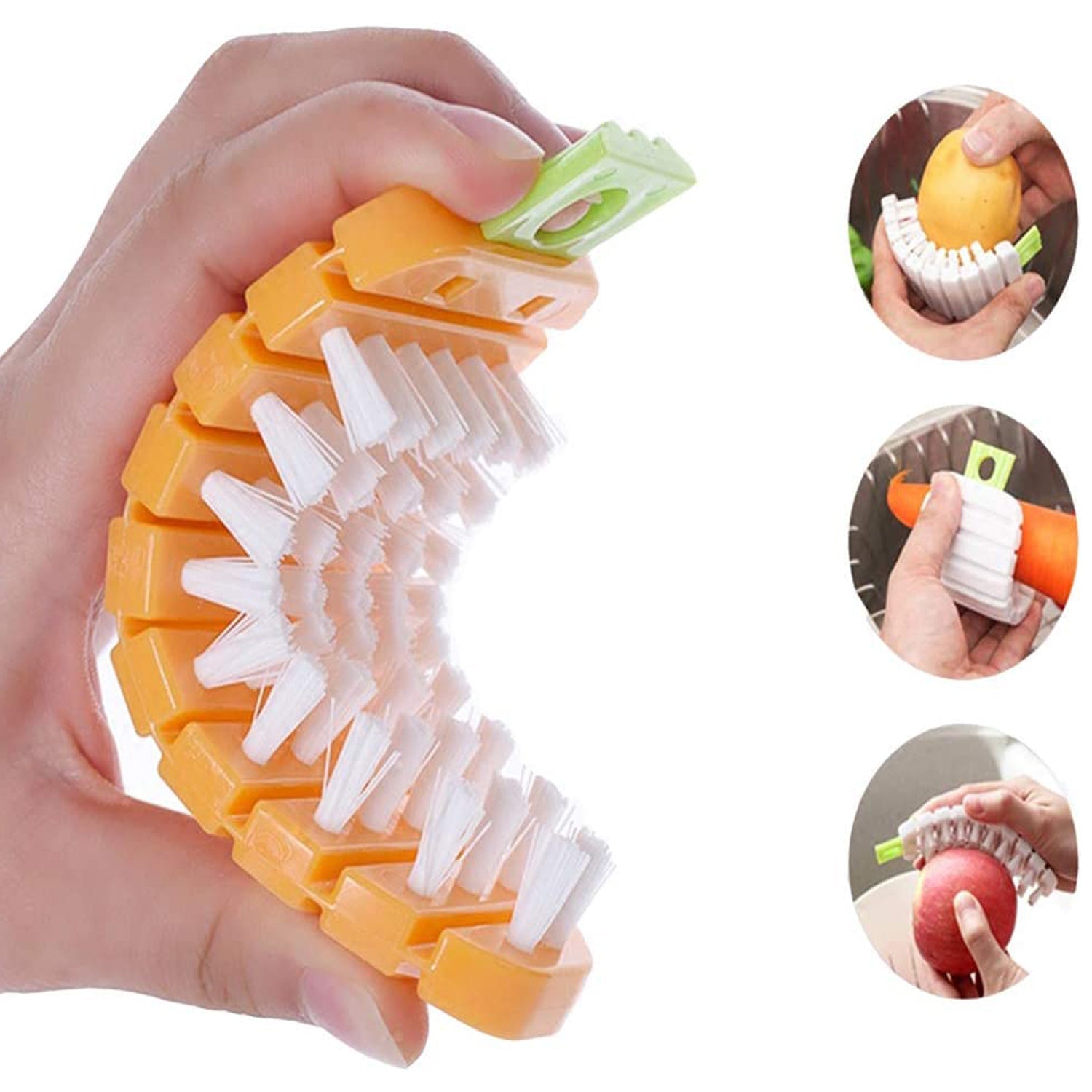 Carrot-shaped kitchen brush multi-purpose cleaning a sink faucet.