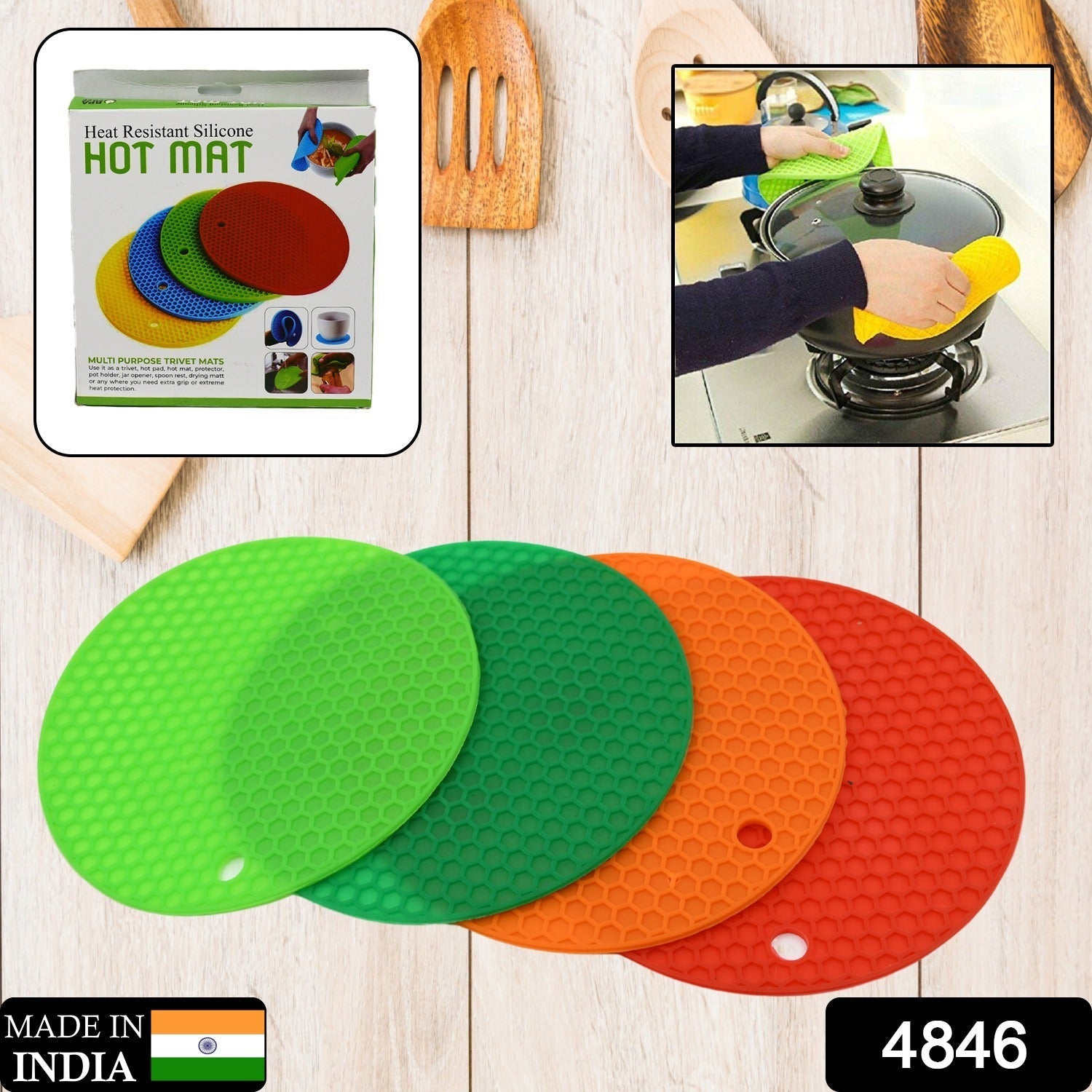 Four heat-resistant silicone hot pot mats stacked, ready to protect kitchen surfaces.