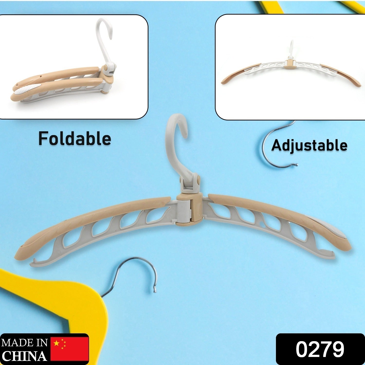 Compact folding clothes hanger ideal for travel and small spaces.