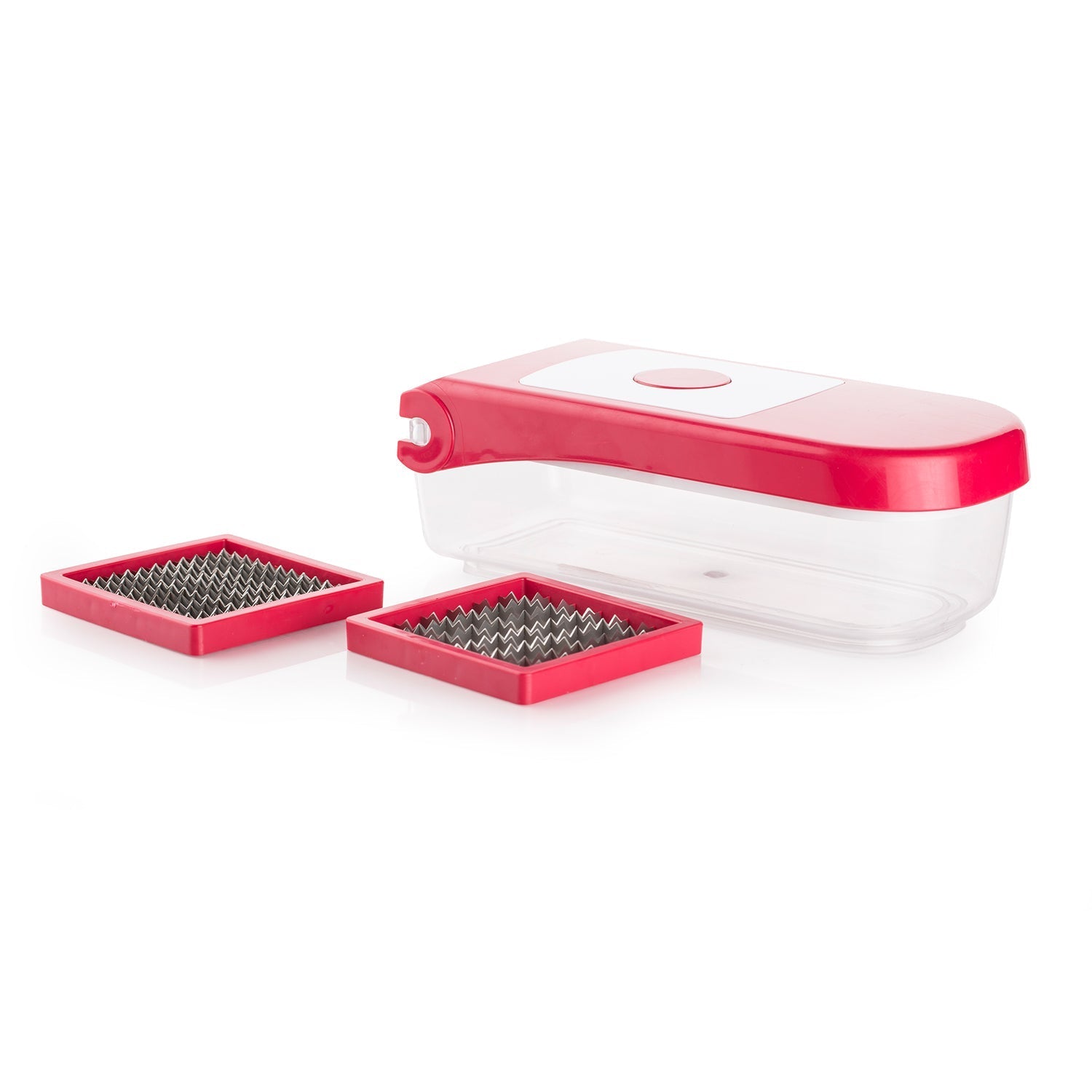 Ganesh vegetable chopper with various blade types laid out, showcasing its versatility.