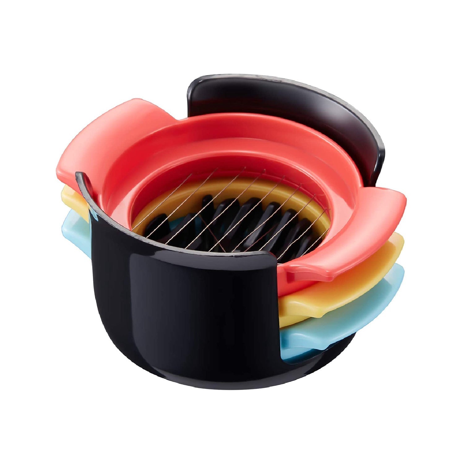 Dishwasher-safe egg slicer, highlighting its easy-to-clean stainless steel construction.