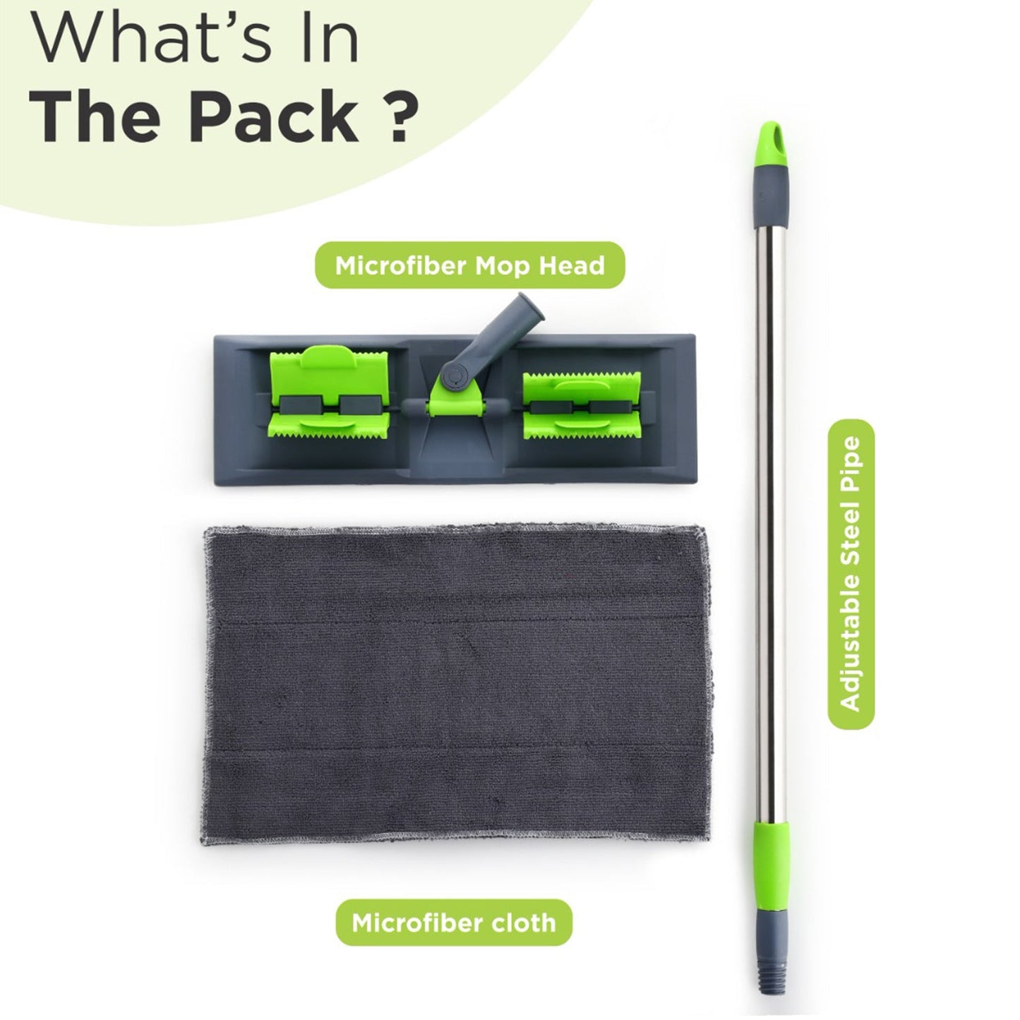 Microfiber flat mop with 360-degree rotating head and telescopic handle for efficient wet and dry cleaning.