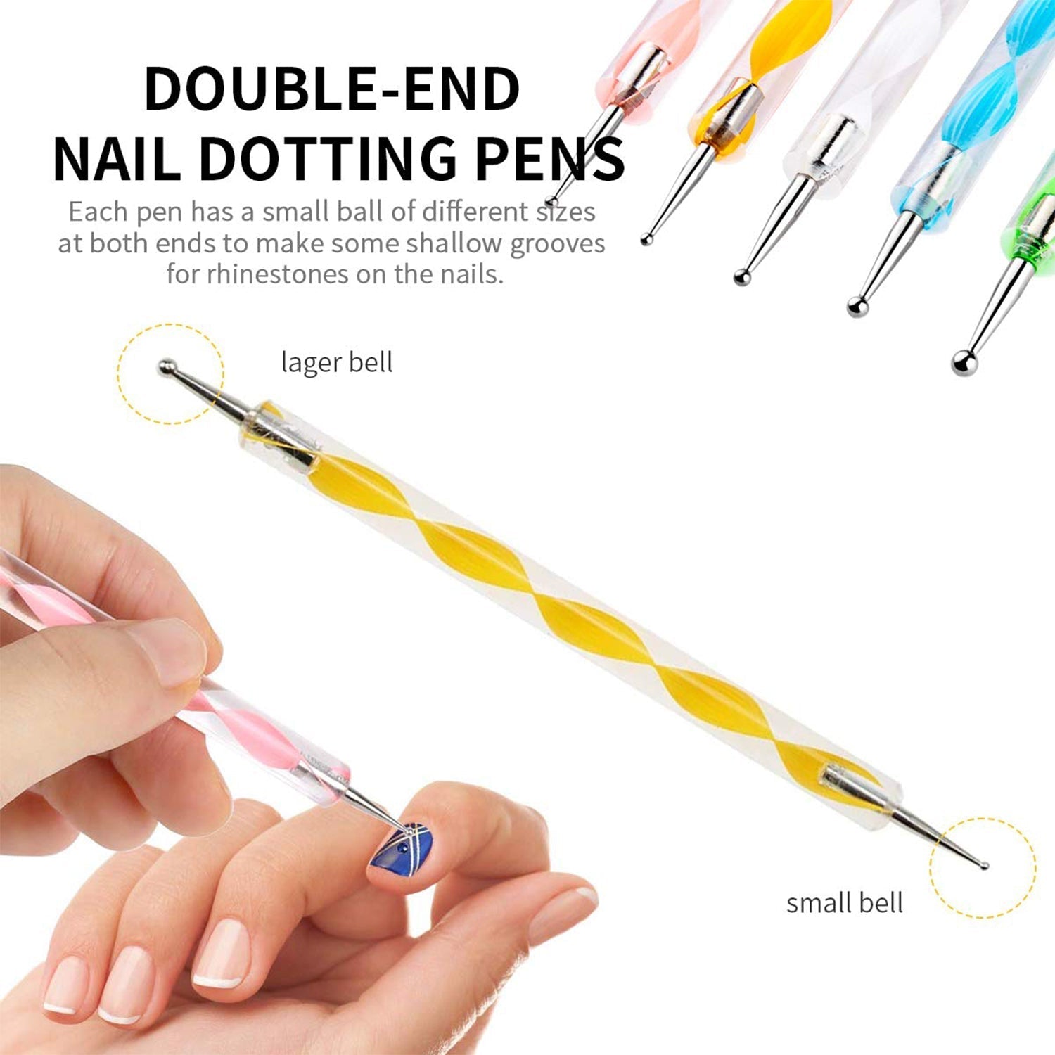 Comparison of tip sizes in the nail art pen set.
