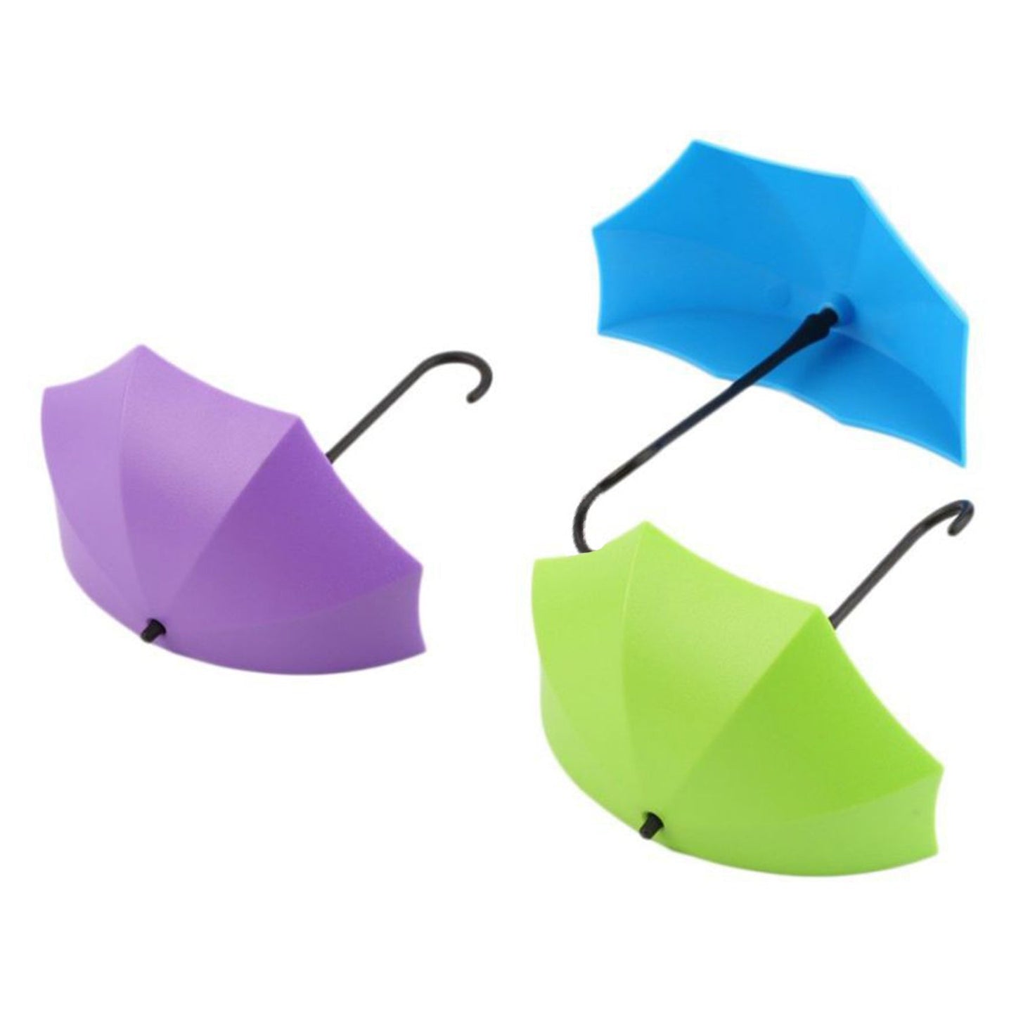 Versatile umbrella wall hooks organizing items in both a kitchen and a bathroom setting.