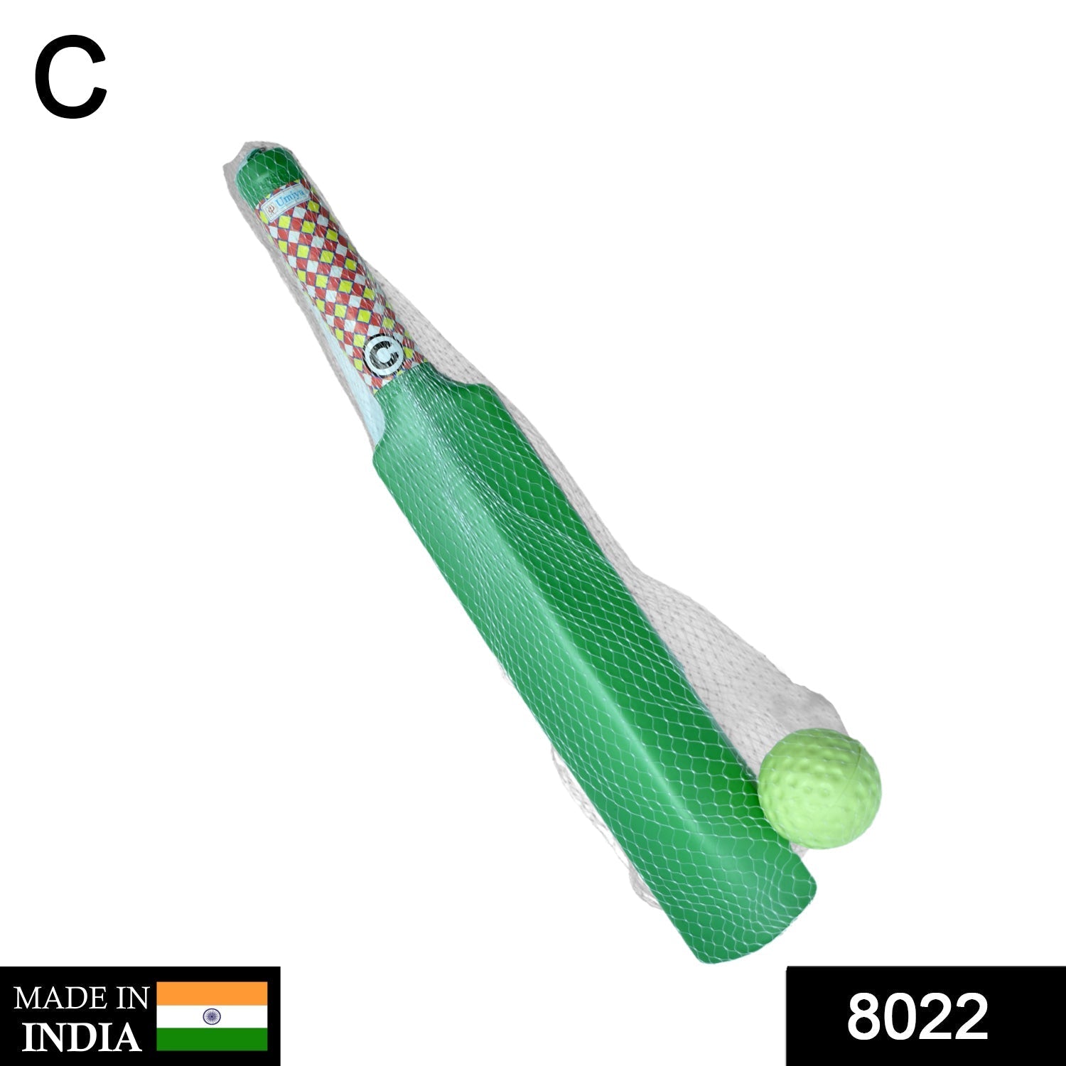 Vibrant plastic cricket bat and ball set for children, displayed on a clean surface
