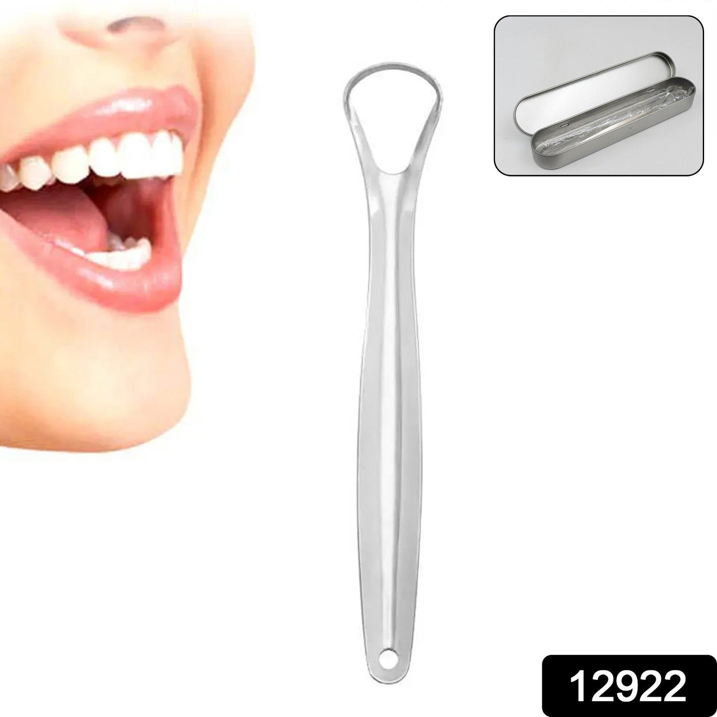 U-shaped stainless steel tongue scraper displayed.