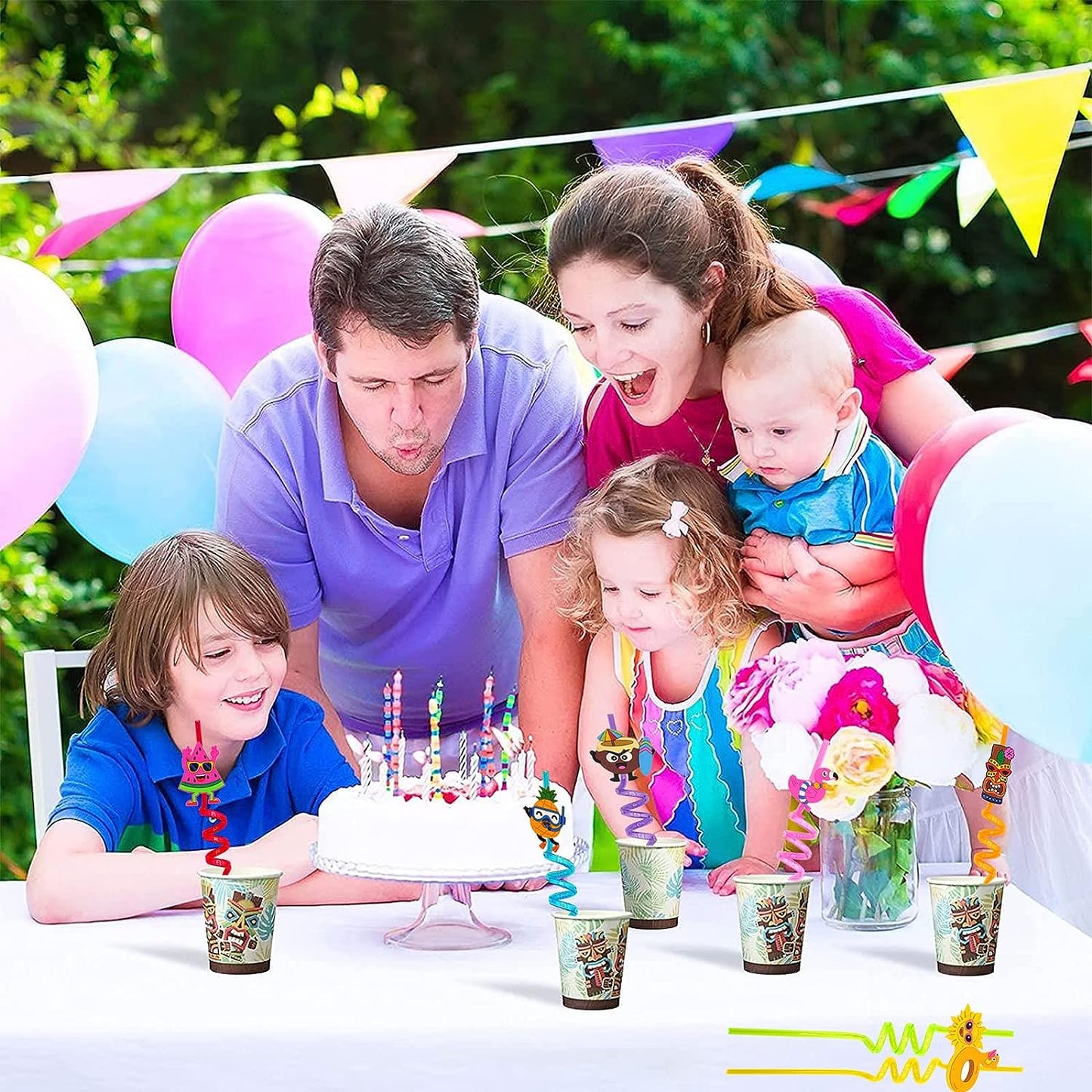 Kids' party straws showcasing playful cartoon truck designs.