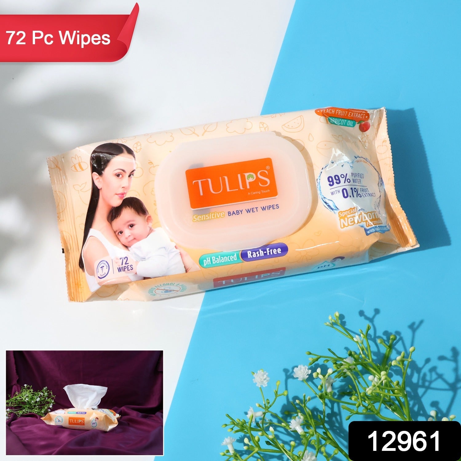 Tulips Sensitive Baby Wet Wipes pack showing soft, gentle wipes