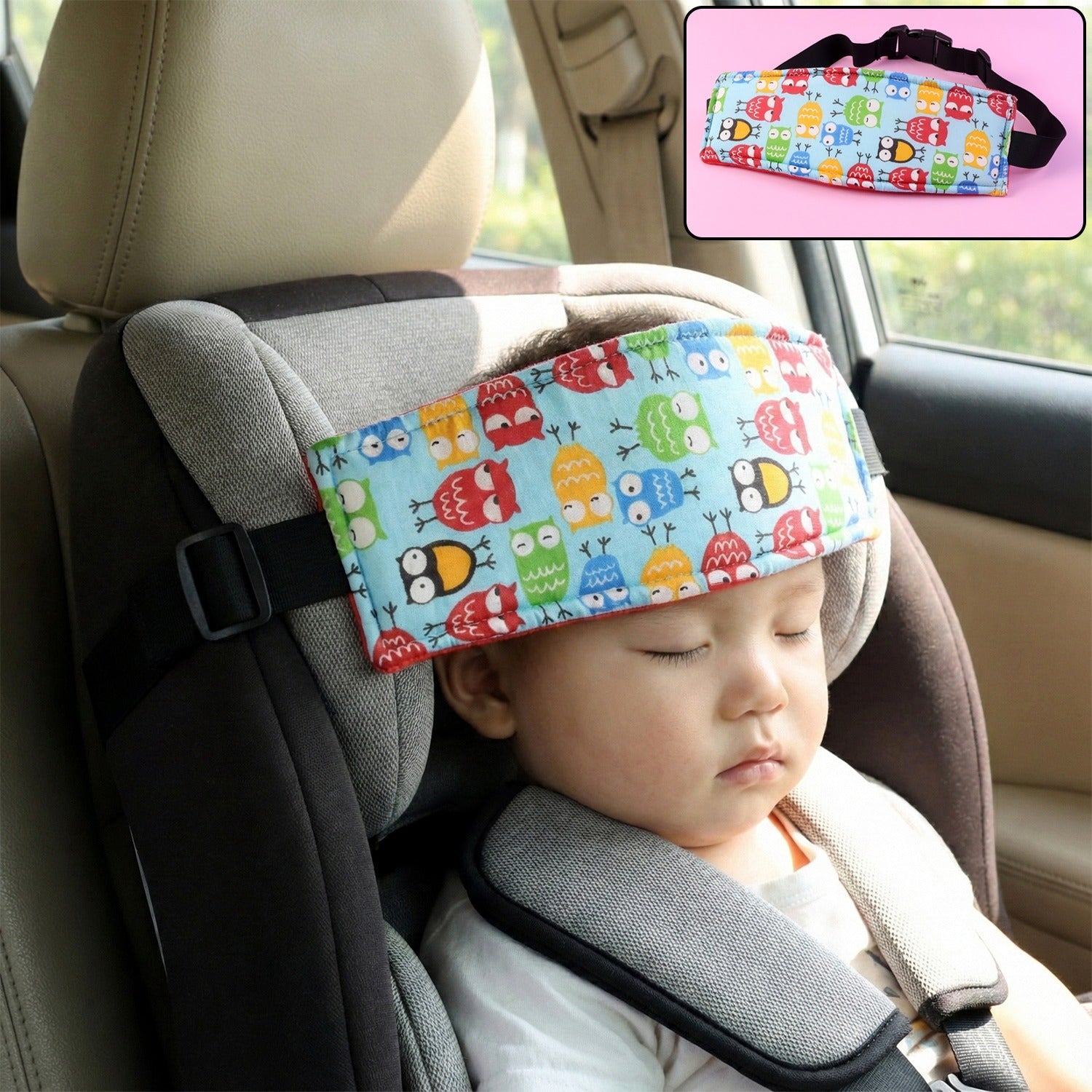 Adjustable baby car seat head support strap with soft padding for infant travel comfort