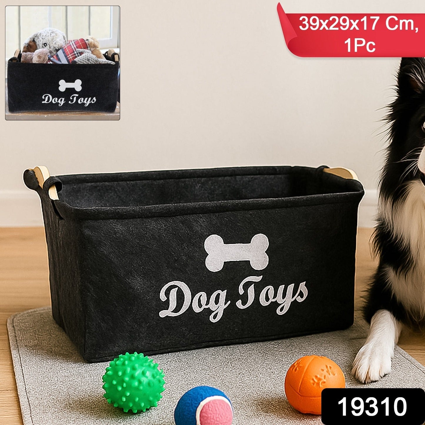 Collapsible felt storage bin for pet toys, neatly folded for space-saving.