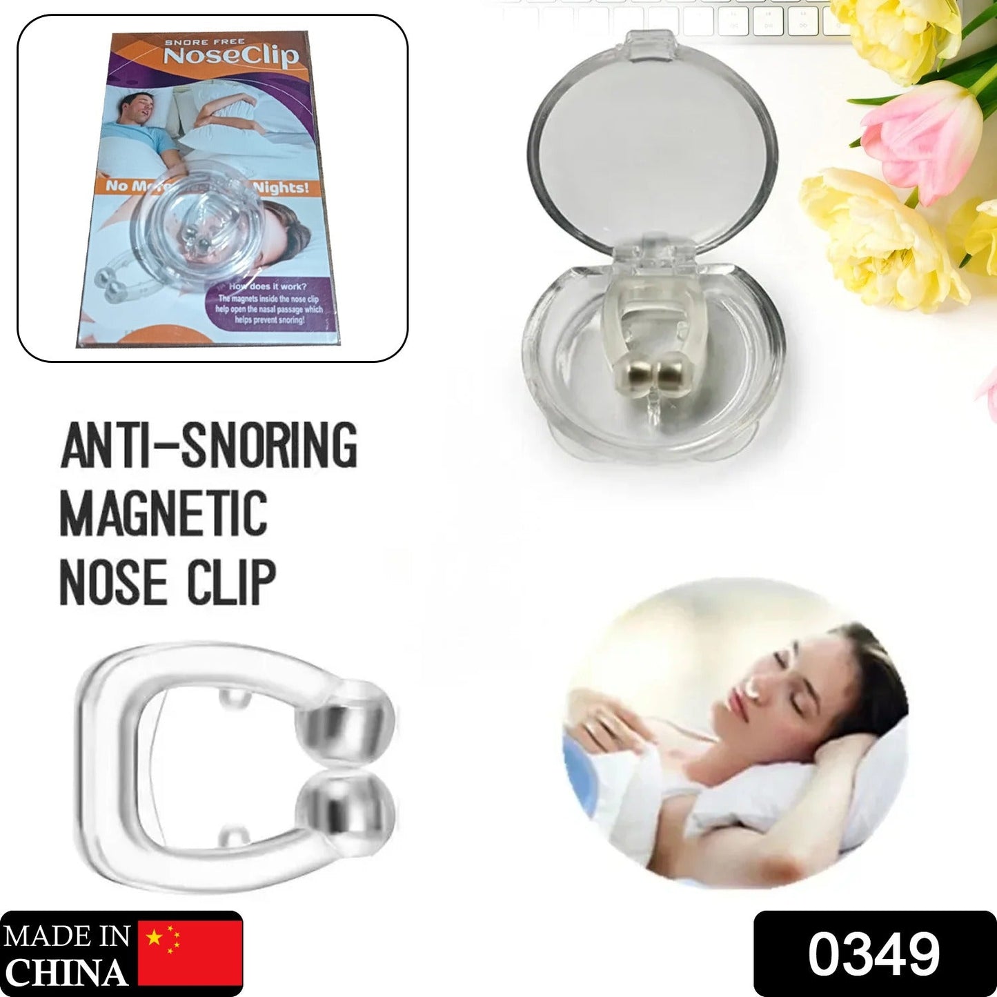 Top-down view of the clear silicone anti-snore clip, ready for use.