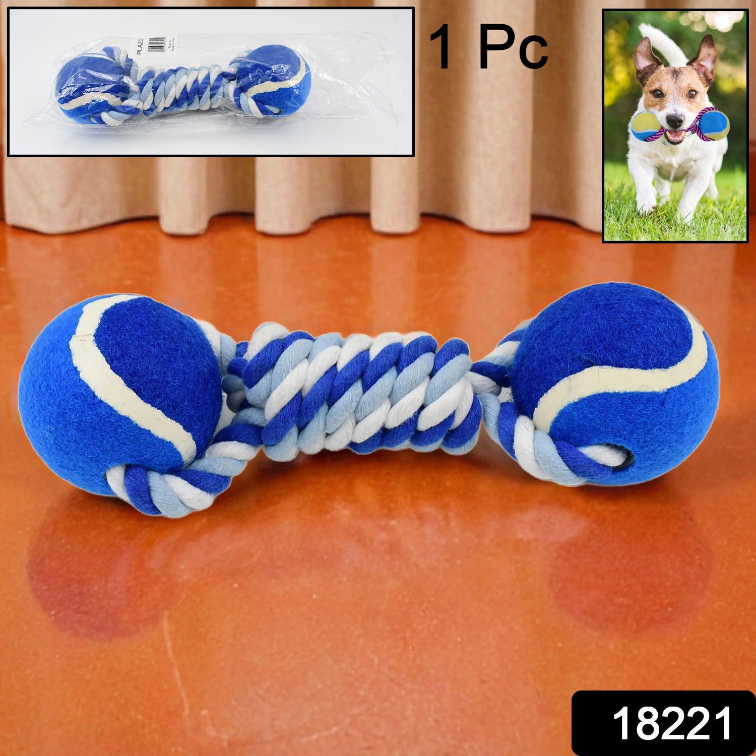 Close-up of the sturdy cotton rope dog toy with a two-way ball design.