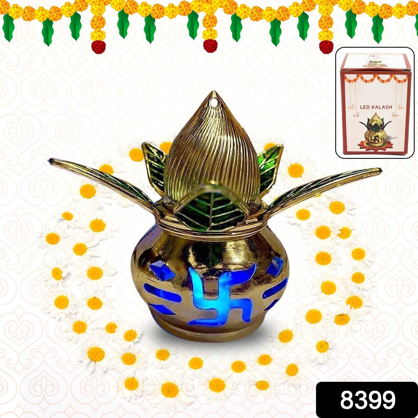 Close-up of a decorative LED Kalash with intricate gold plating on a festive background.