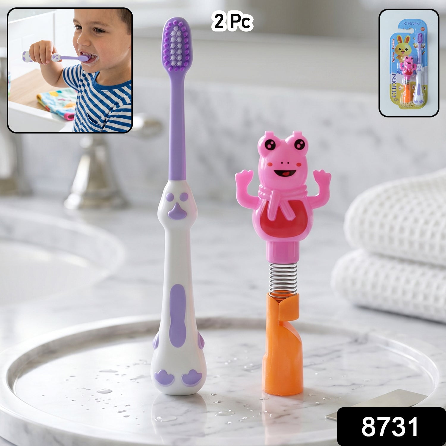 Packaging of kids toothbrush set with ergonomic handle and spring frog toy