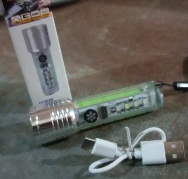 Close-up of the powerful LED lens on the rechargeable flashlight.