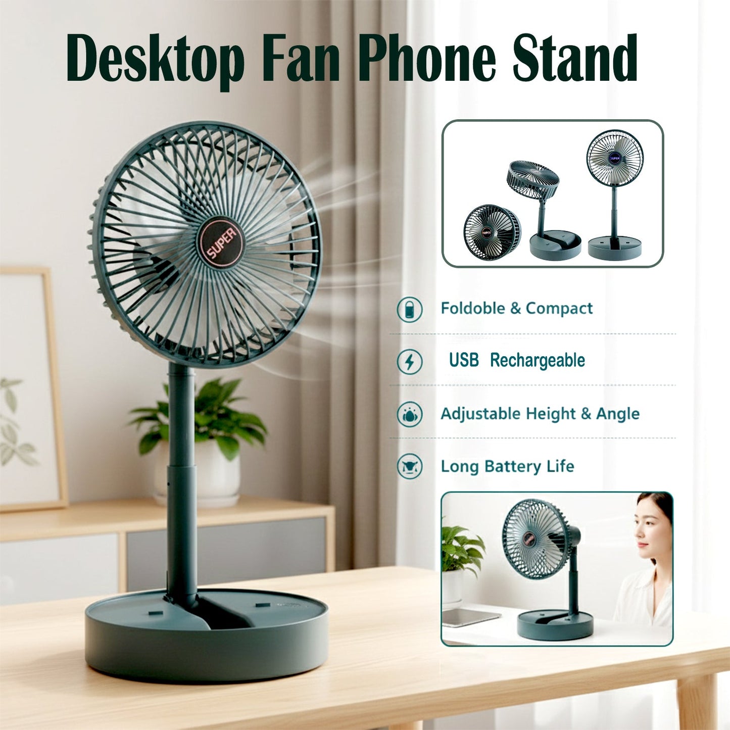 Foldable portable desktop fan ideal for personal cooling and phone support