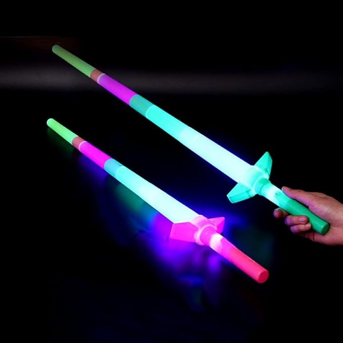 Close-up view of LED sword blade illuminated with colorful lights