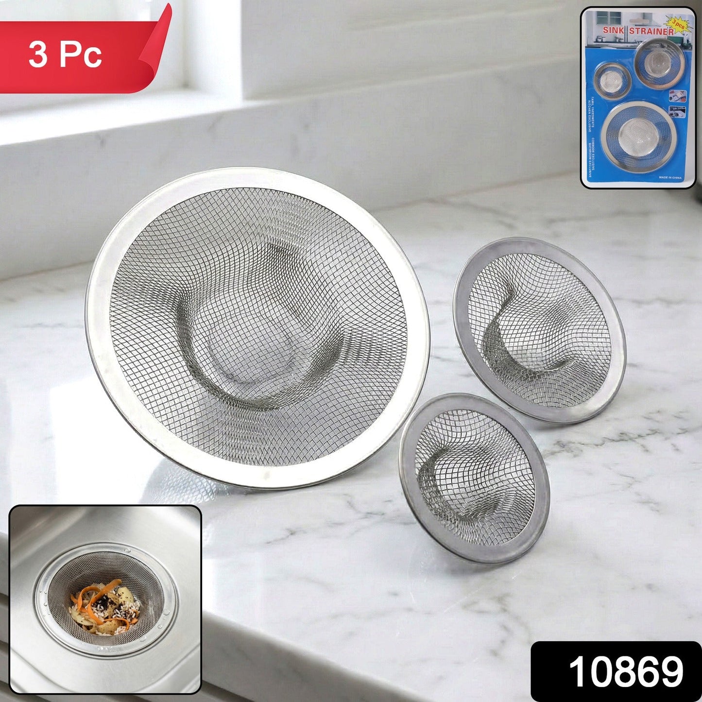 Close-up of stainless steel fine mesh sink drain filter to prevent clogging