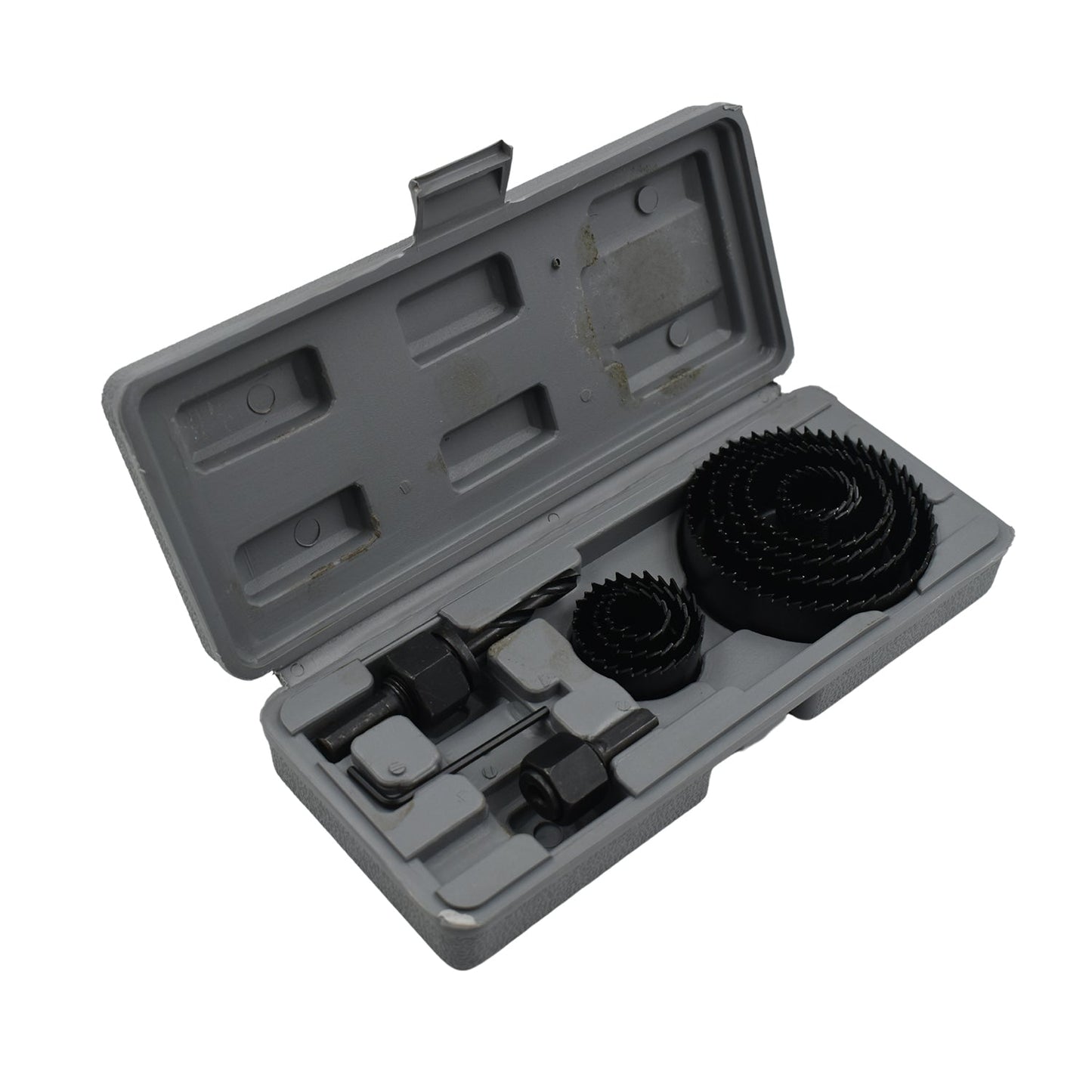 Detailed view of the 12-piece hole saw kit, ready for versatile drilling tasks.