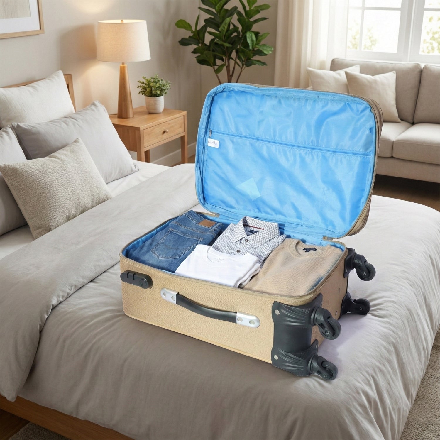 Stacked 3-piece soft side trolley luggage set ready for organized travel