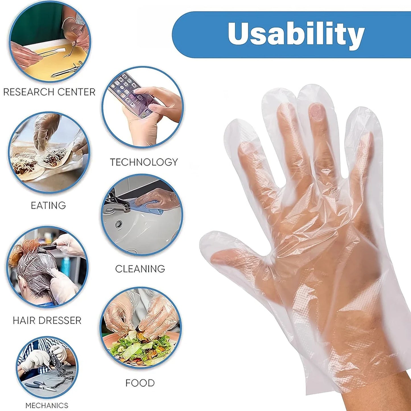 Transparent clear plastic gloves suited for various tasks