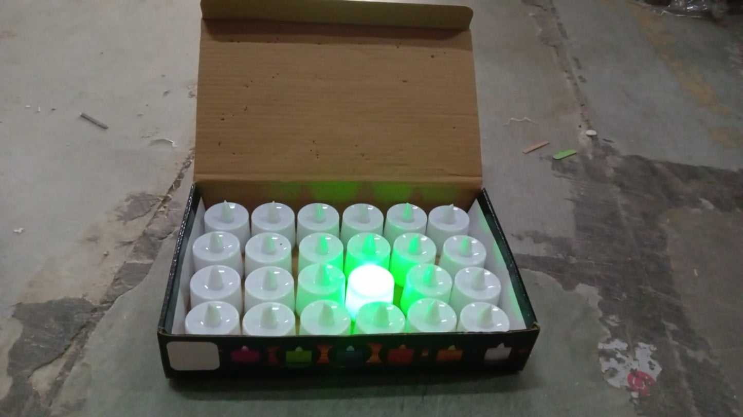 Smokeless green tealights emitting a warm, inviting glow.