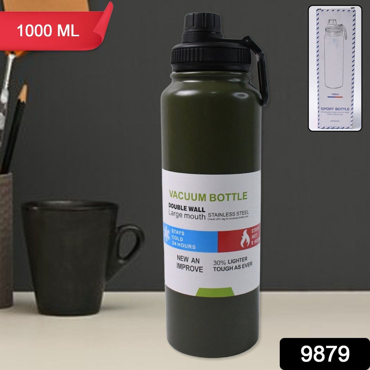 Close-up showing leak-proof cap of insulated stainless steel water bottle