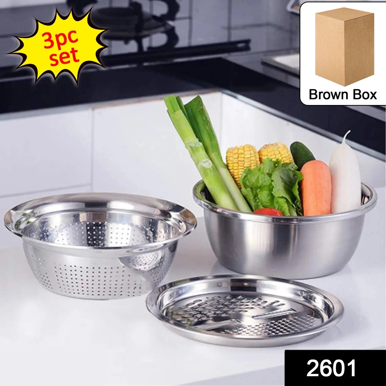 Components of the 3-in-1 vegetable slicer set separated, highlighting the versatility of each piece.